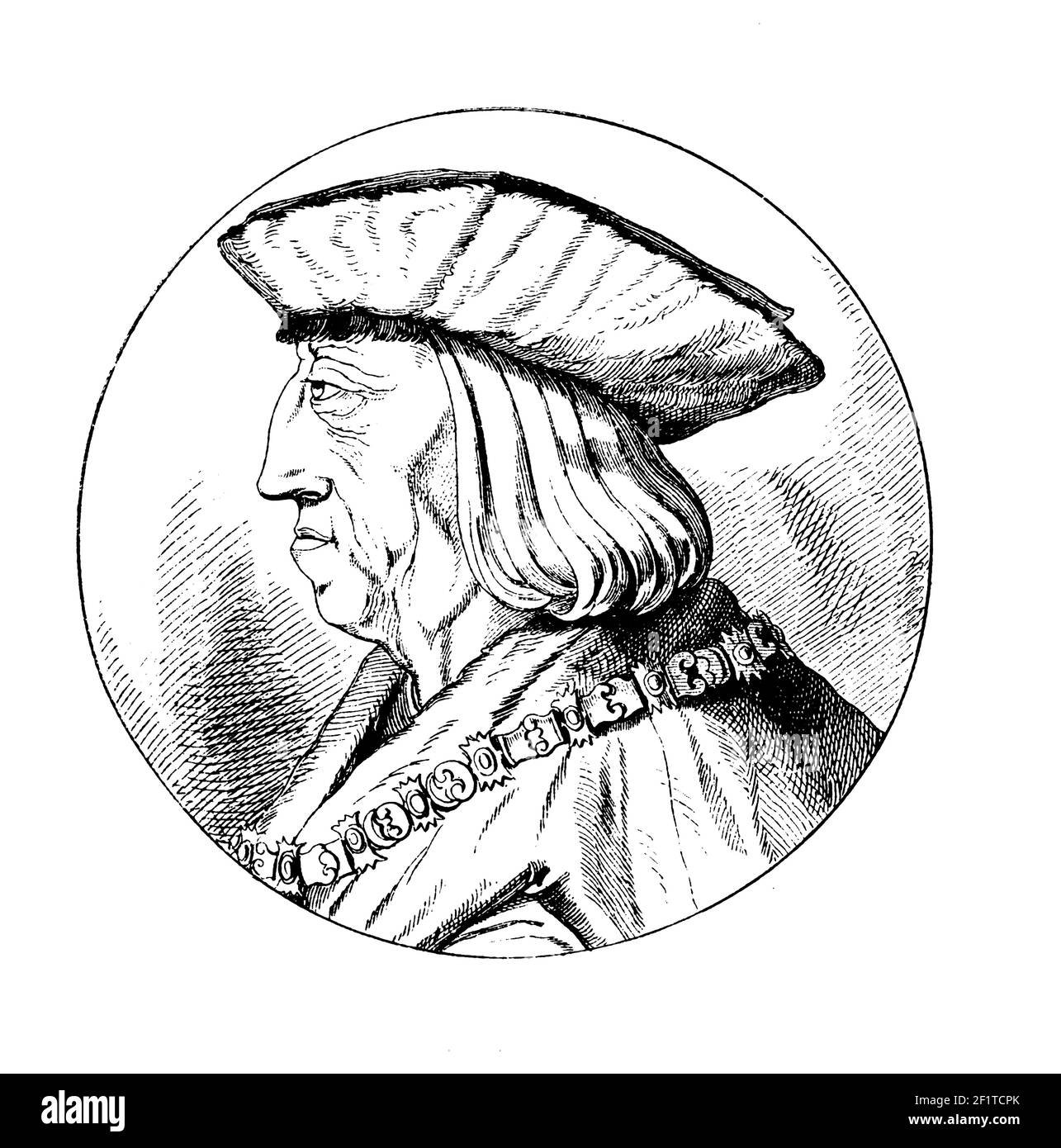 Vintage engraving of a portrait of Maximilian I, Holy Roman Emperor. He was born on March 22, 1459 in Wiener Neustadt, Austria and died on January 12, Stock Photo