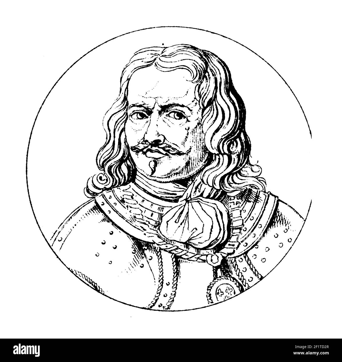 Antique engraving of a portrait of Michiel de Ruyter, Dutch admiral. He was born on March 24, 1607 in Flushing, Netherlands and died on April 29, 1676 Stock Photo