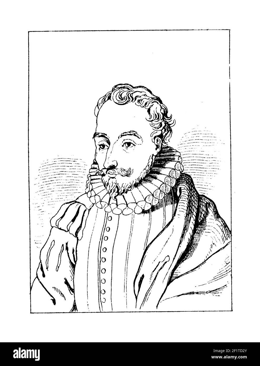Antique 19th-century engraving of a portrait of Miguel de Cervantes, Spanish novelist, poet, and playwright. Born on September 29, 1547 in Alcala de H Stock Photo