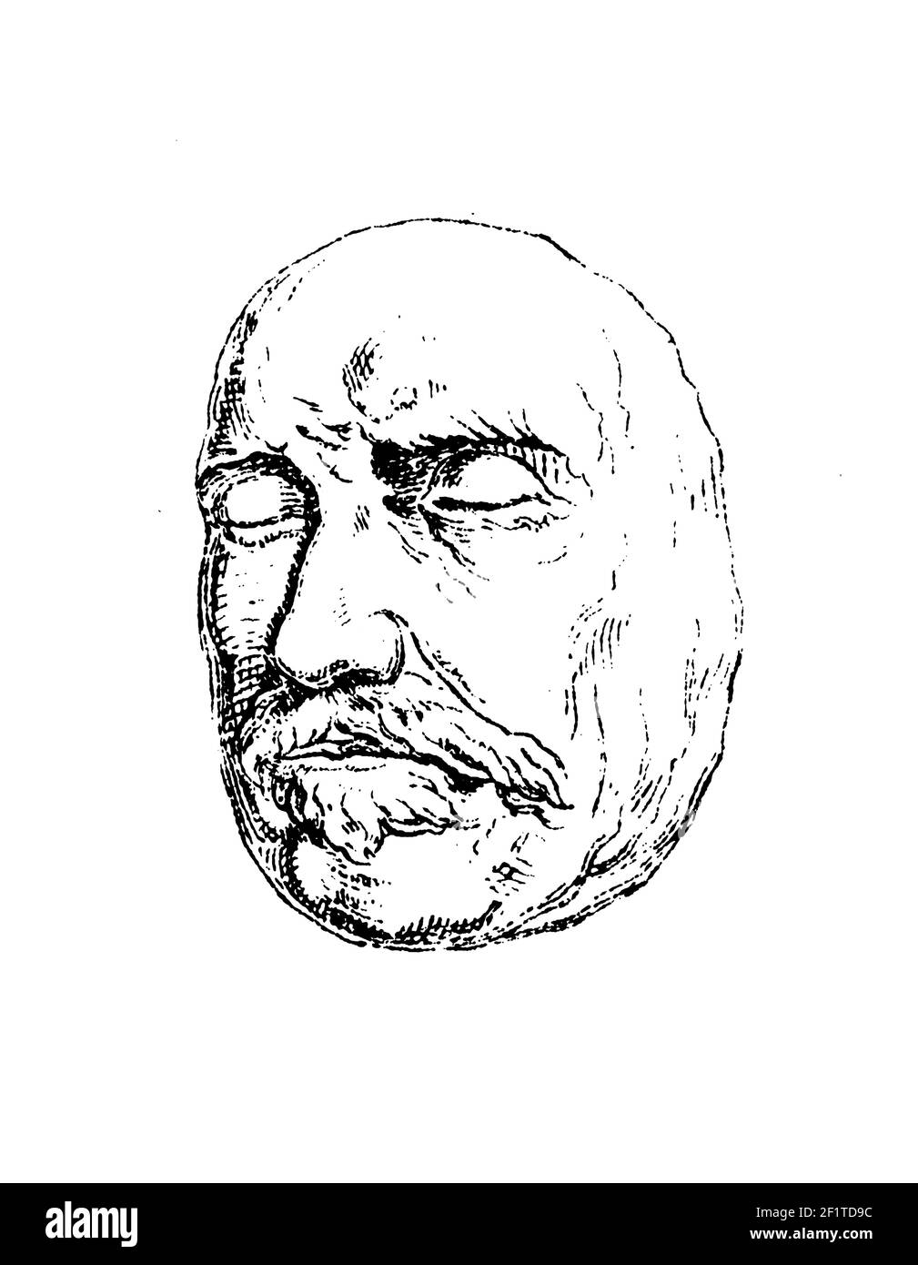 19th-century illustration of plaster mask of Oliver Cromwell. Engraving published in Bilder-Atlas zur Weltgeschichte nach Kunstwerken alter und neuer Stock Photo