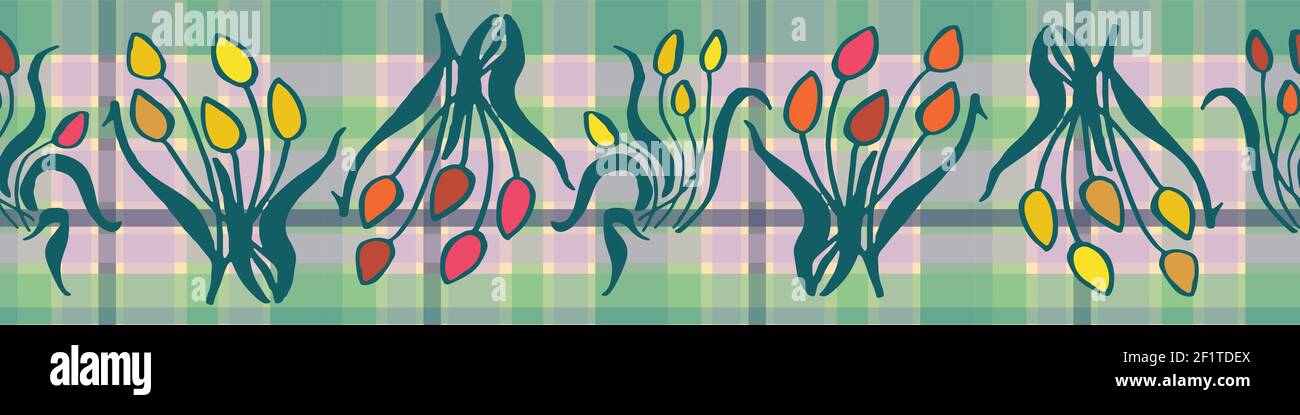 tulip bouquets on plaid vector border print Stock Vector