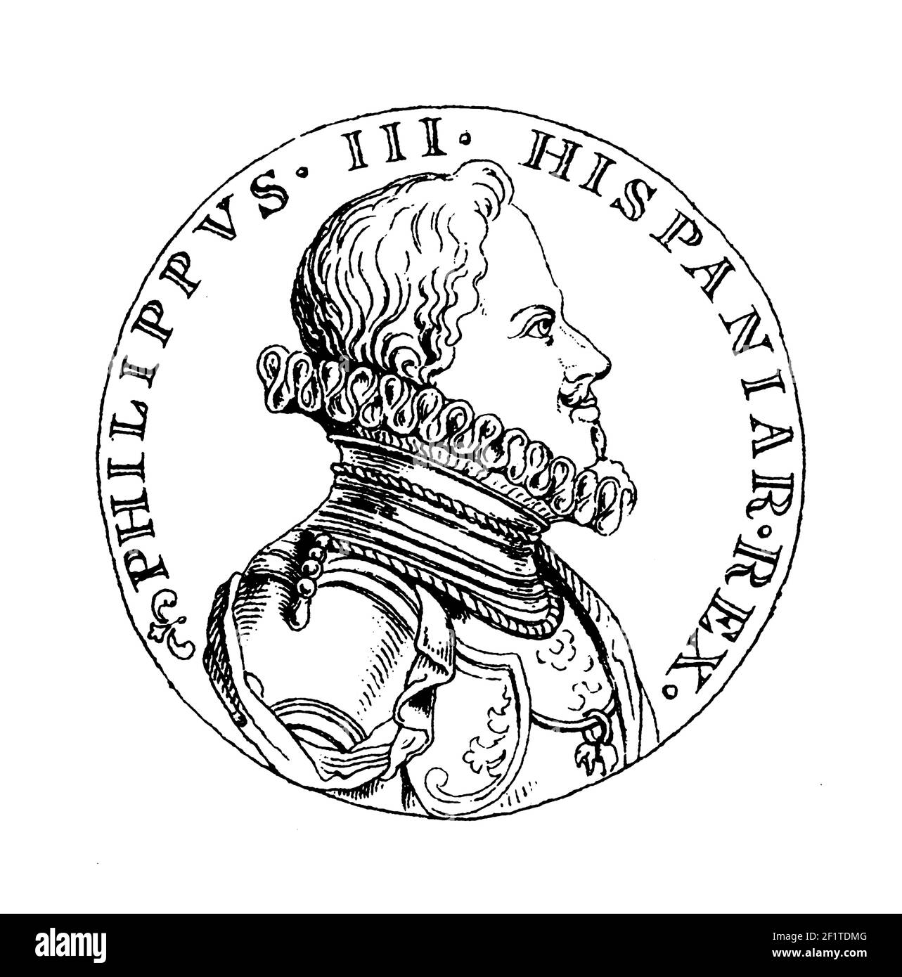 Antique 19th-century illustration of a portrait of Philip III, King of Spain and King of Portugal and the Algarves. Born on April 14, 1578 in Madrid, Stock Photo