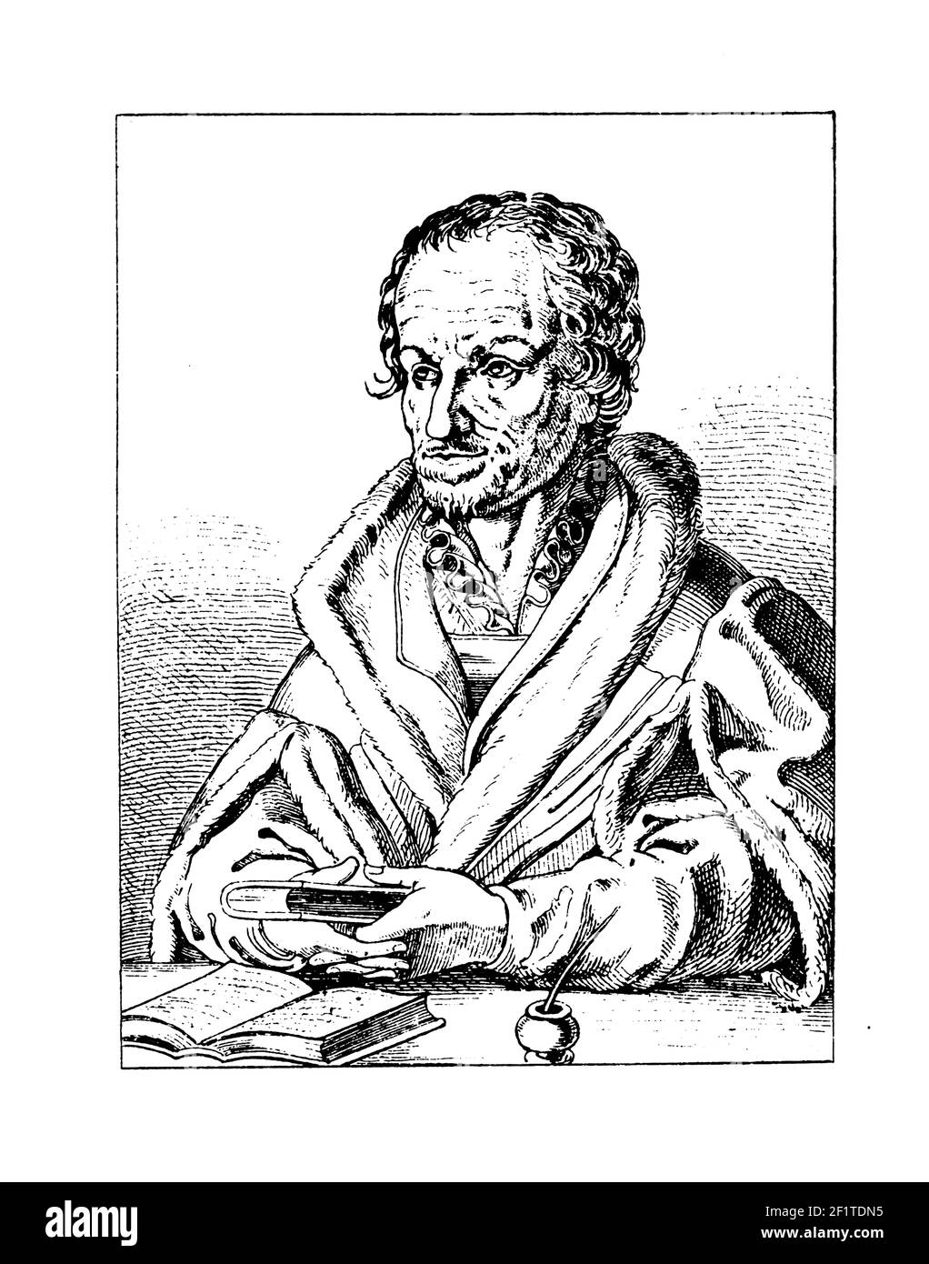 Antique 19th-century engraving of a portrait of Philipp Melanchthon, German pastor, scholar and theologian. He was born on February 16, 1497 in Brette Stock Photo