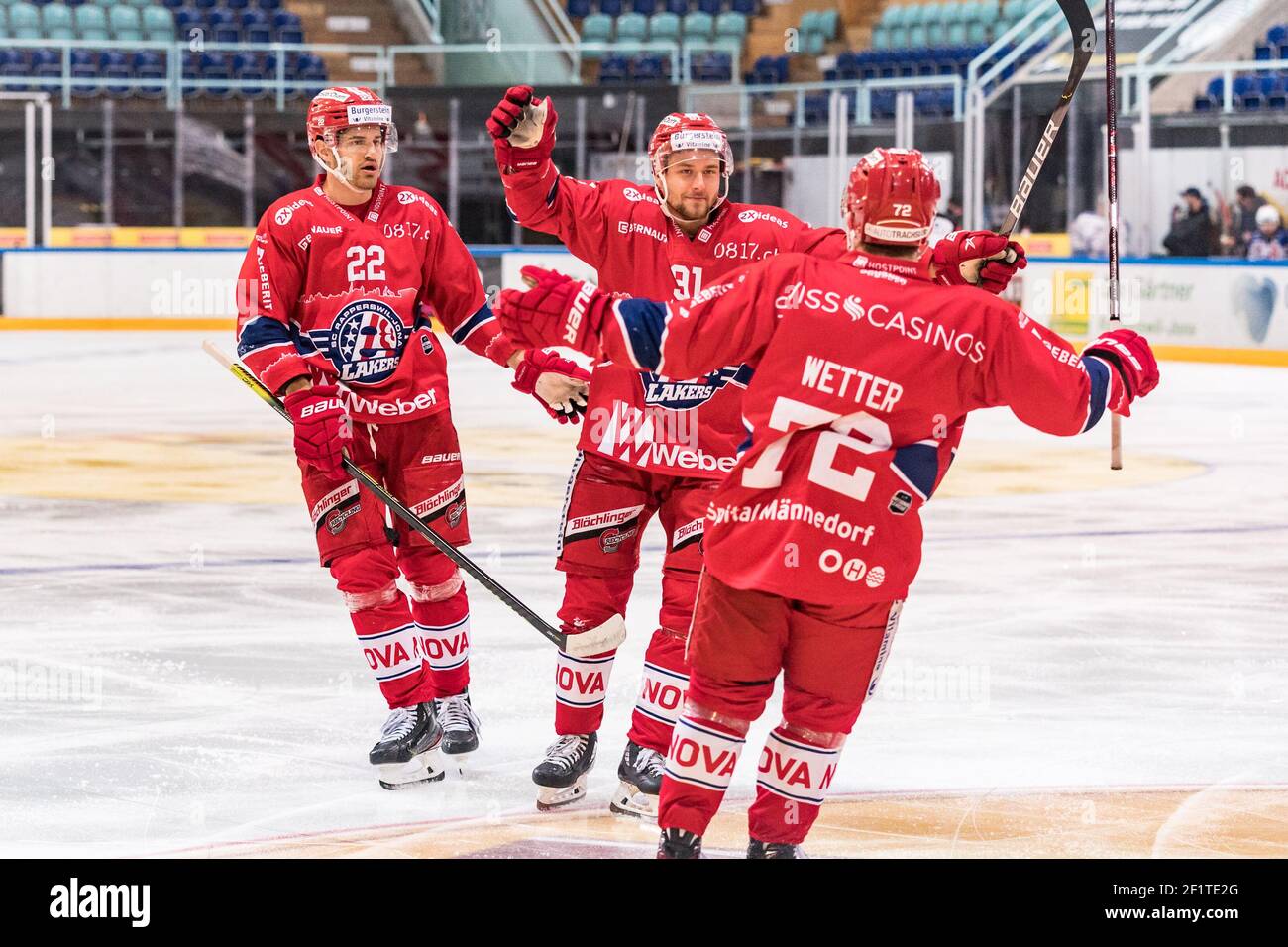 Rapperswil, St. Gallen. 09th Mar, 2021. March 9th, 2021, Rapperswil,  St.Galler Kantonalbank Arena, National League: SC Rapperswil-Jona Lakers -  ZSC Lions, cheers for the 4-1 goal. From left: # 22 Rajan Sataric (