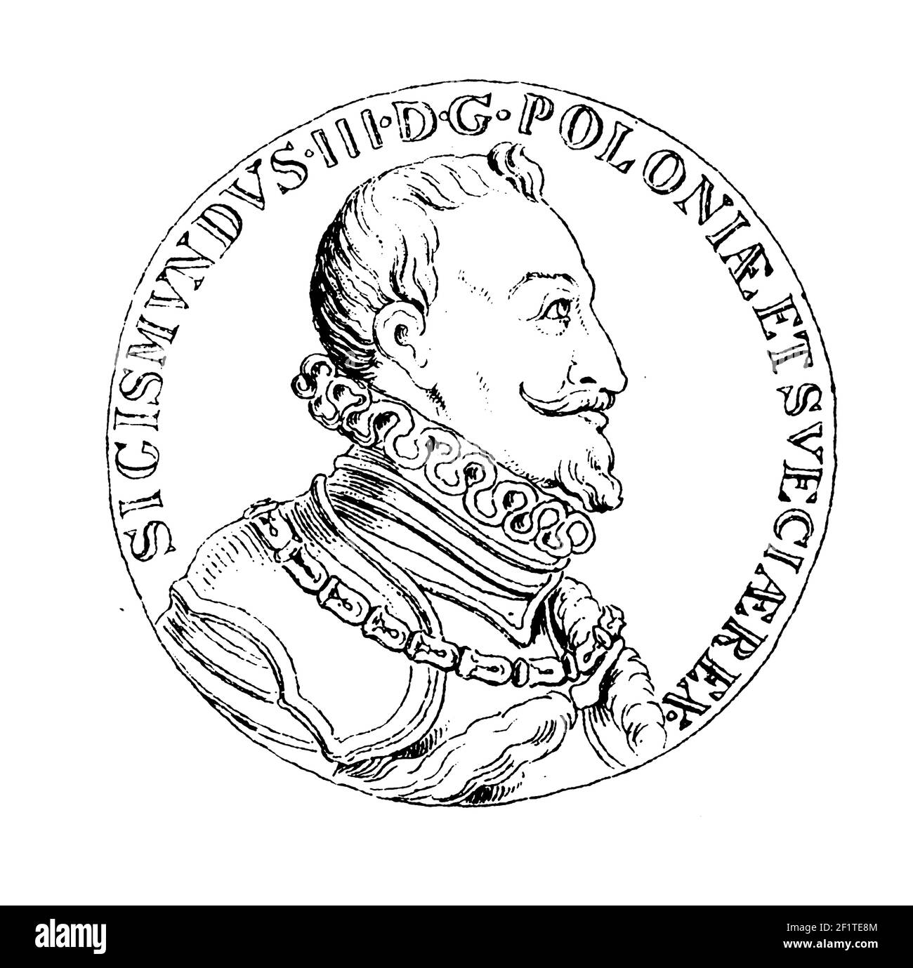 Antique 19th-century illustration of a portrait of Sigismund III Vasa, King of Polish Crown and King of Sweden. He was born on June 20, 1566 in Marief Stock Photo