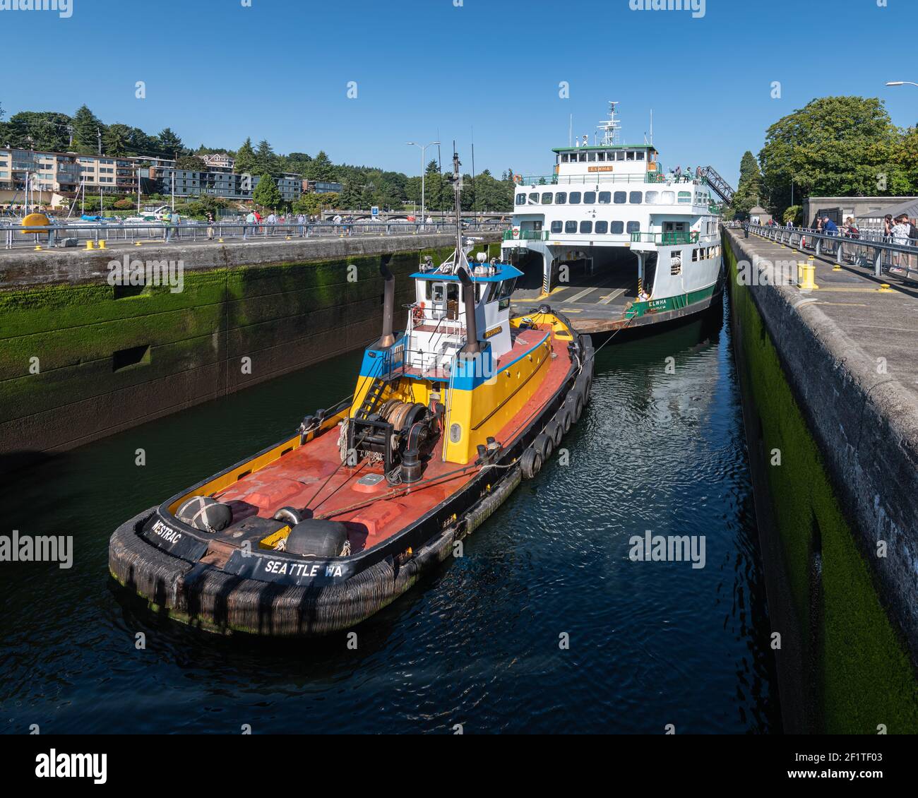 Washington State Ferry Elwha in the Ballard Locks in Seattle with the tugboat Westrac in preparation for maintenance in Lake Union Stock Photo