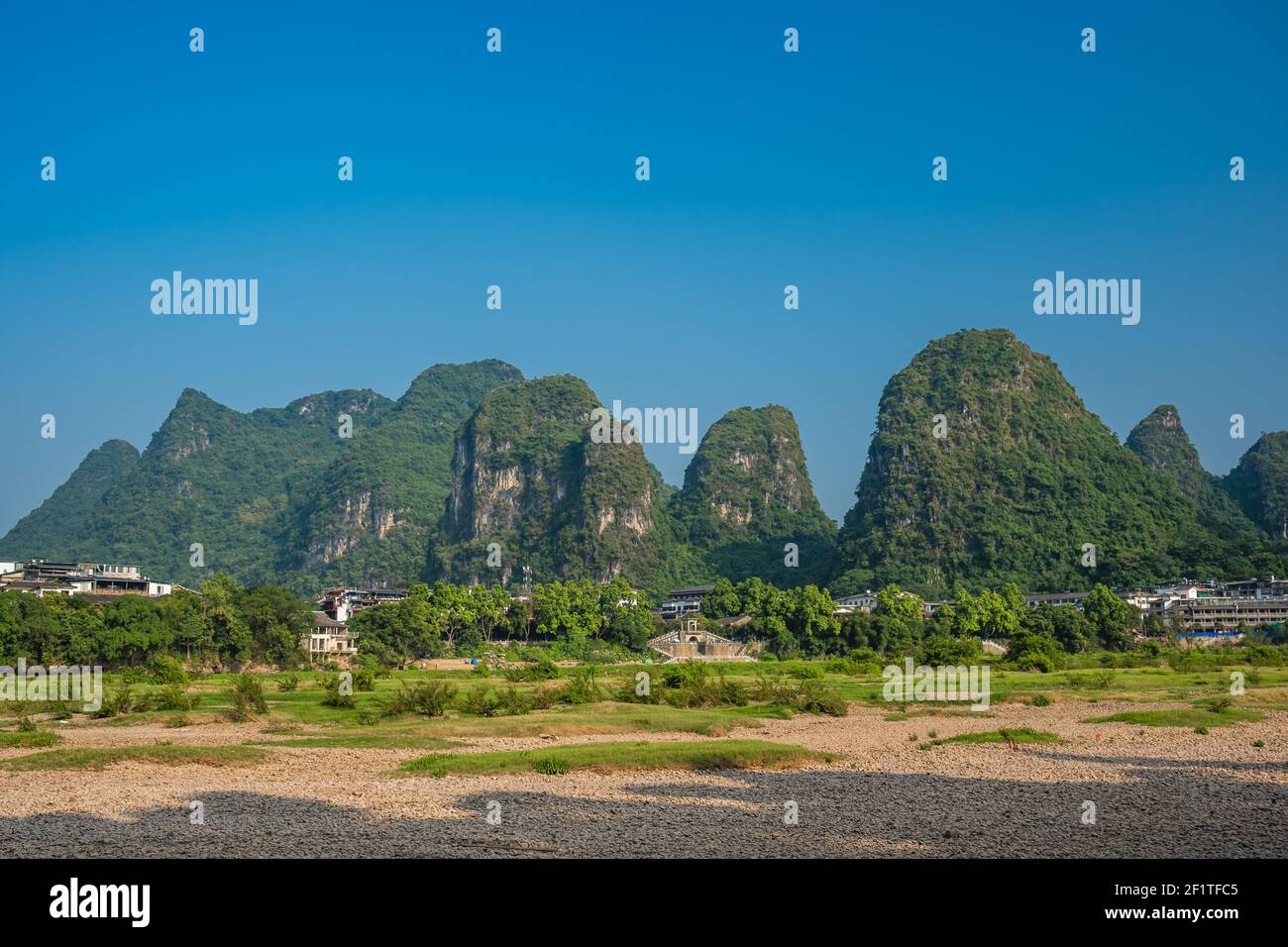 Karst peaks on the shore of Li River in Yangshuo Stock Photo