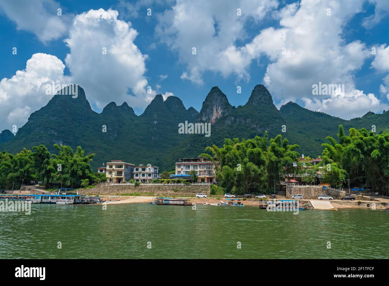 Boat landing on the riverbank of the magnificent Li river Stock Photo