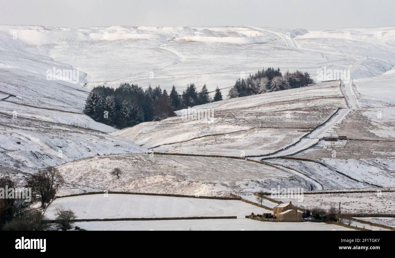 A snow covered mountain landscape in the North Pennines in Weardale, County Durham, UK Stock Photo