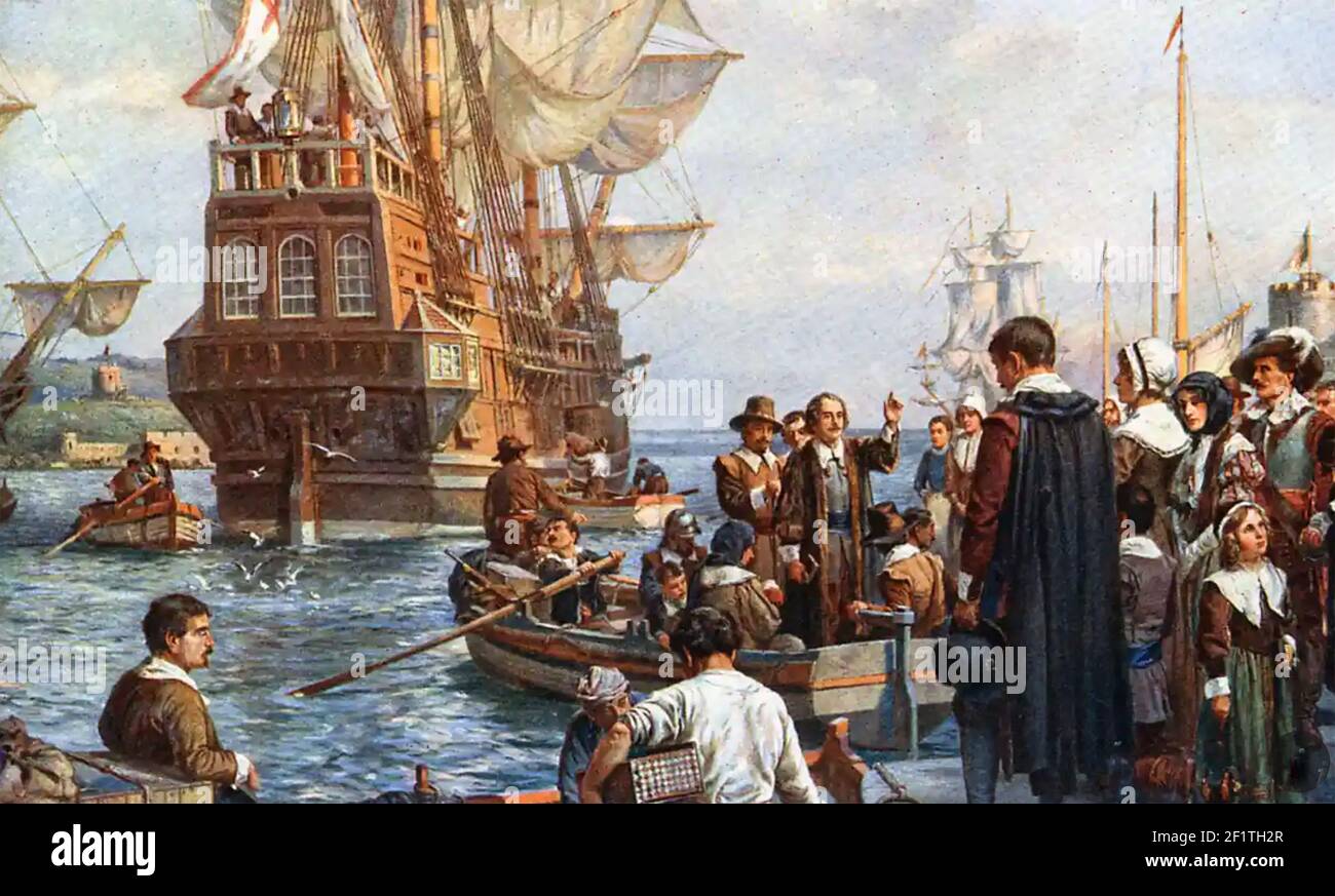 PILGRIM FATHERS at prayer before their departure in the Mayflower from London in July 1620, painted by British artist Bernard Gribble Stock Photo