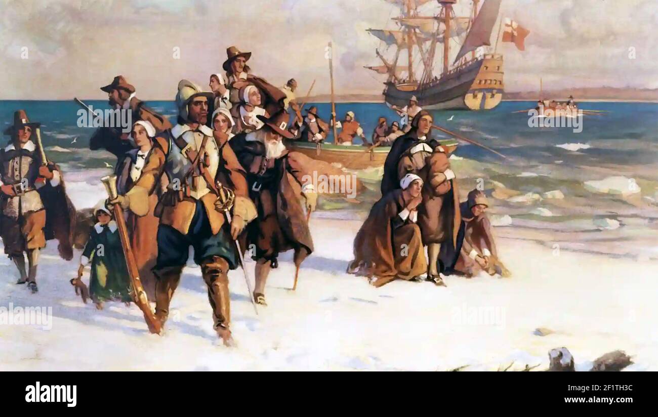 PILGRIM FATHERS make landfall near the tip of Cape Cod 21 November 1620 painted by American artist William Aylward about 1920 Stock Photo