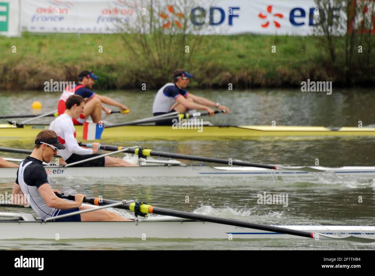 ROWING - SHORT BOATS FRENCH CHAMPIONSHIPS 2012 - UBY LAKE / CAZAUBON (FRA) - 30-31/03 to 01/04/2012 - PHOTO : PHILIPPE MILLEREAU / KMSP / DPPI - FABRICE MOREAU / WINNER - THOMAS BAROUKH / SECOND - JEAN-CHRISTOPHE BETTE / THIRD Stock Photo