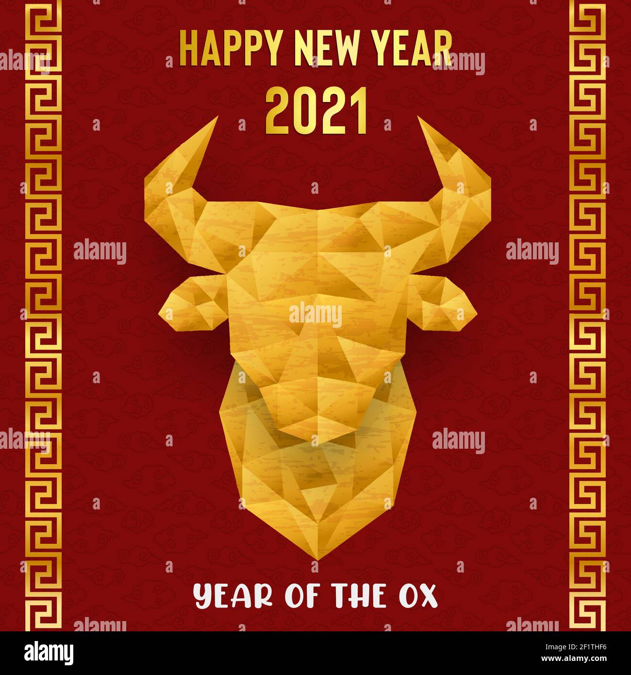 Chinese New Year of the ox 2021 greeting card illustration. Luxury gold low poly cow head with traditional red asian art background texture. Stock Vector