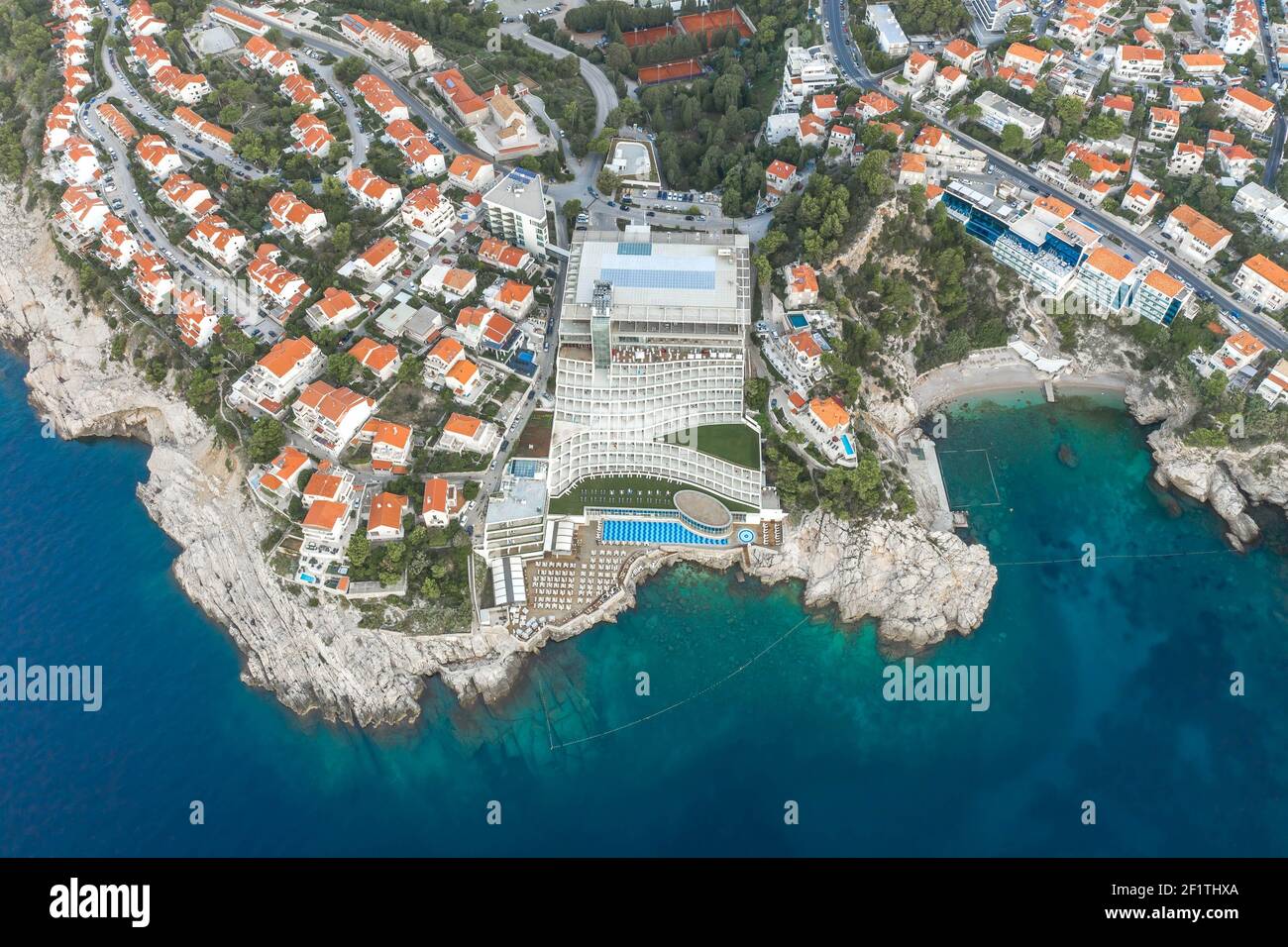 Aerial drone shot of Dubrovnik Lapad penisula area before sunrise in Croatia morning Stock Photo