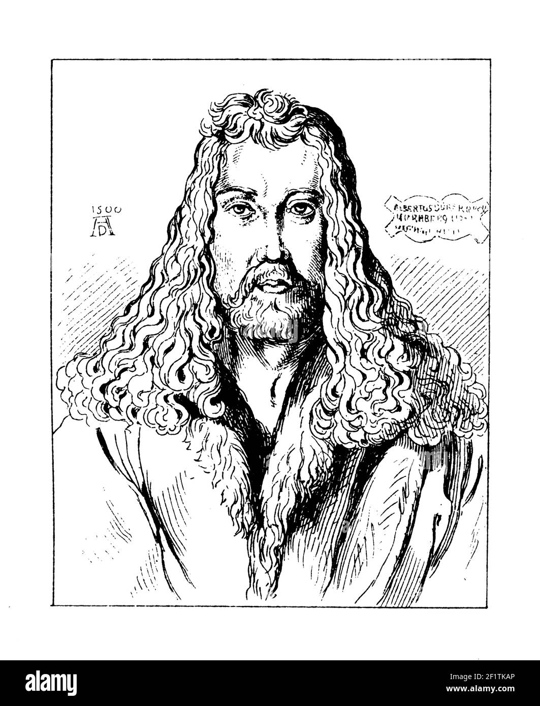 Antique illustration of a portrait of Albrecht Durer, German painter, printmaker and theorist. He was born on May 21, 1471 in Nuremberg, Holy Roman Em Stock Photo