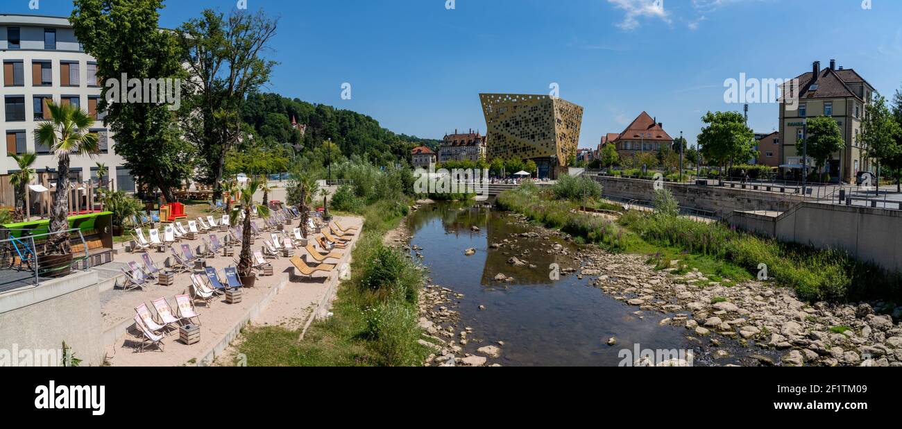 The Rems River with the Forum Gold und Silber building in Schwaebisch Gmuend Stock Photo