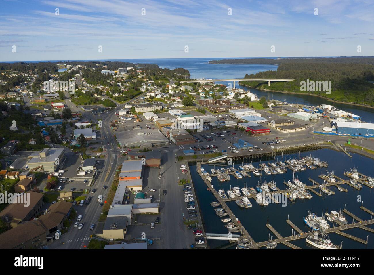 Aerial View Over The Town and Waterfront of Kodiak Alaska Stock Photo
