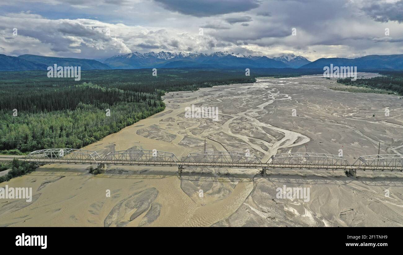 Aerial View over Big Delta River Junction and the Highway 2 Bridge Alaska Stock Photo