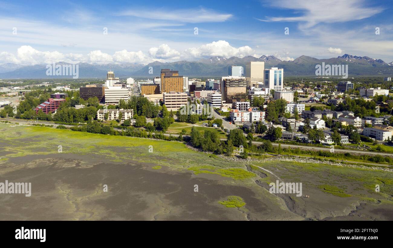 Aerial View Over The Town and Waterfront of Anchorage Alaska Stock Photo