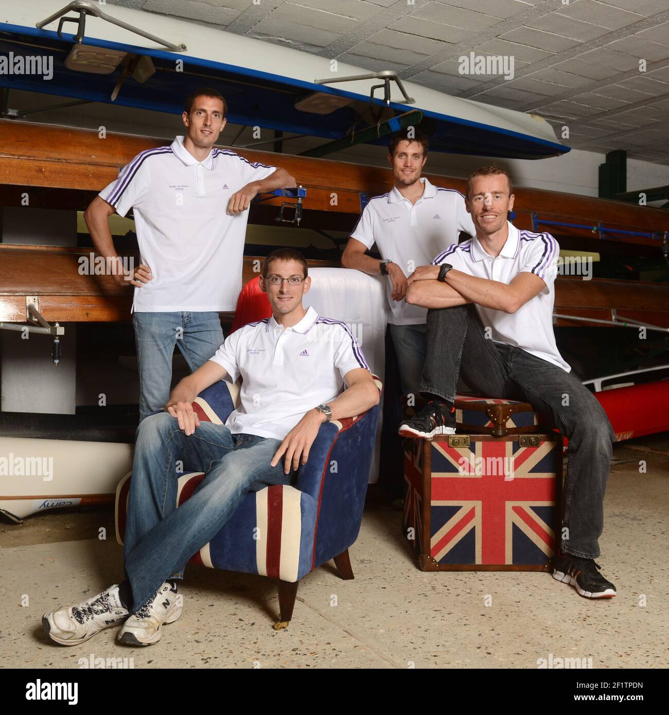 OLYMPIC GAMES - LONDON 2012 - ROWING FRENCH TEAM - MANTES LA JOLIE (FRA) - 12/06/2012 - PHOTO PHILIPPE MILLEREAU / KMSP / DPPI - QUATRE DE POINTE SANS BARREUR LEGER - LM4- - FROM LEFT TO RIGHT - NICOLAS MOUTTON - THOMAS BAROUKH - FRANCK SOLFOROSI - FABRICE MOREAU Stock Photo