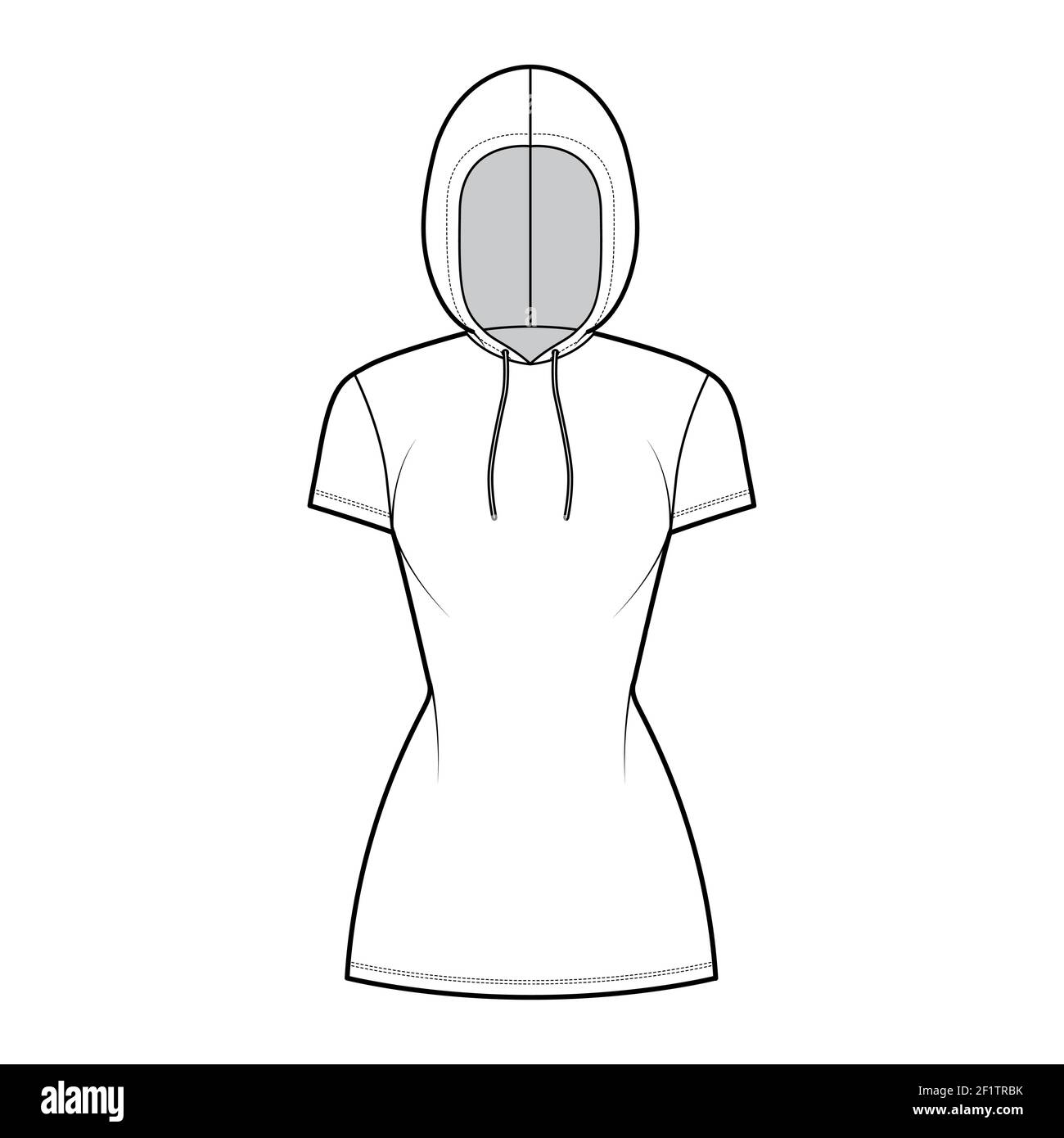 Hoody dress technical fashion illustration with short sleeves, mini length, fitted body, Pencil fullness. Flat sweater apparel template front, white color style. Women, men, unisex CAD mockup Stock Vector