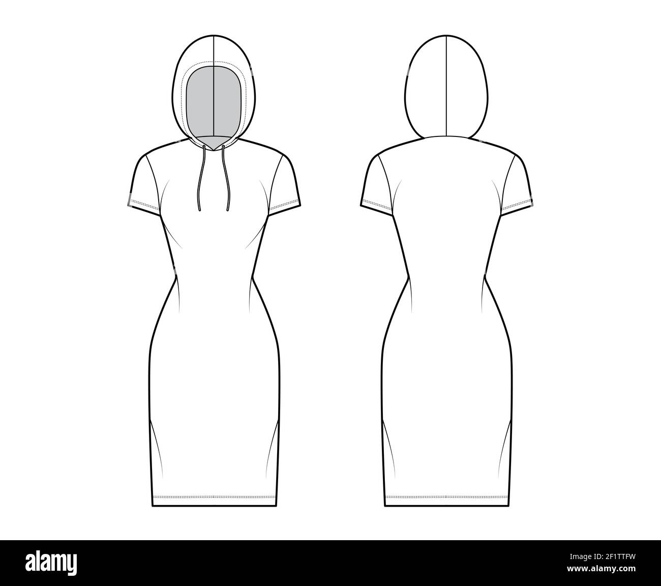Hoody dress technical fashion illustration with short sleeves, knee length, fitted body, Pencil fullness. Flat apparel sweater template front, back, white color style. Women, men, unisex CAD mockup Stock Vector