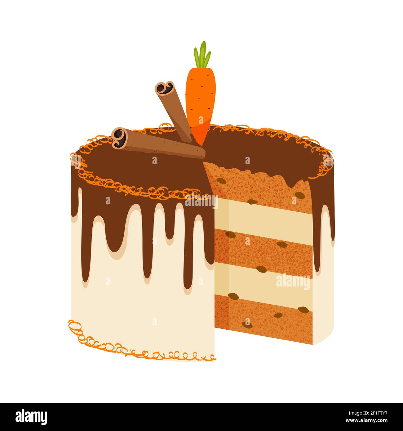 Carrot cake with chocolate and cinnamon. Vector illustration Stock