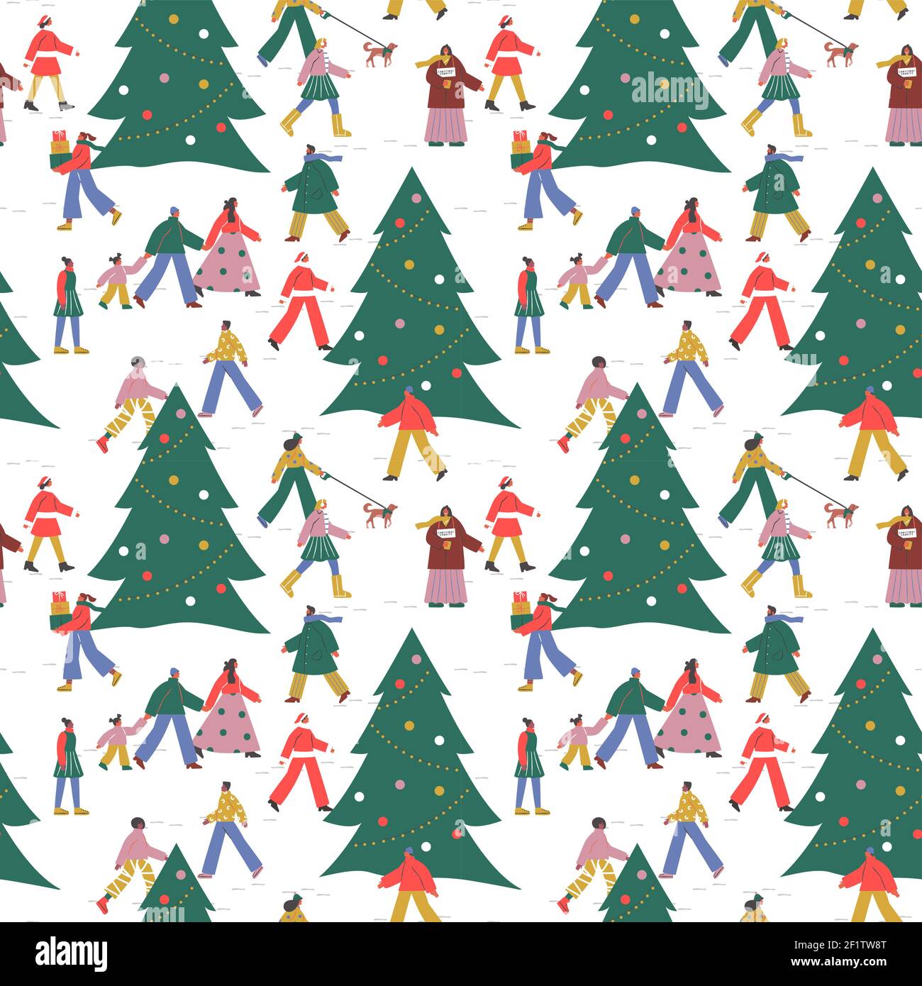 Christmas seamless pattern illustration, diverse people walking in winter snow landscape with xmas pine tree. Social holiday background includes chari Stock Vector
