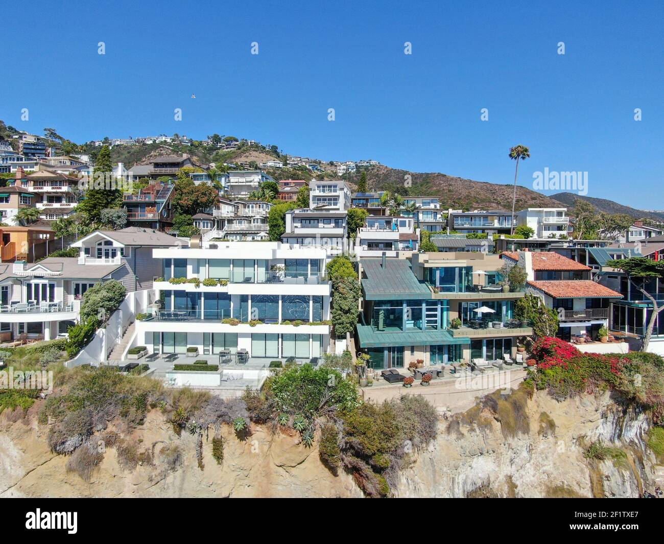 Aerial view of Laguna Beach coastline town wealthy villas on the cliff
