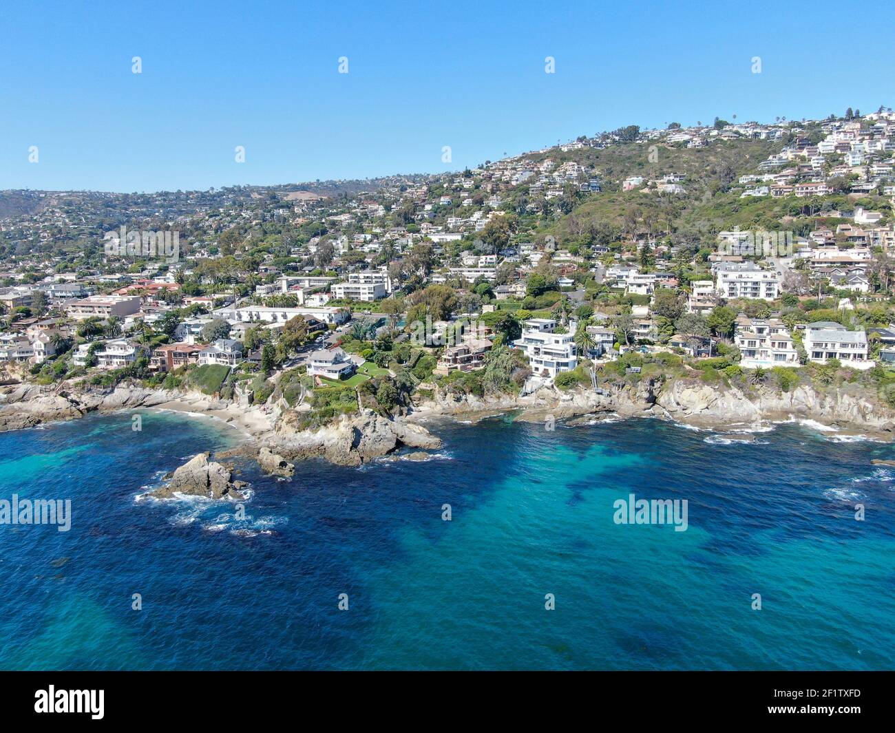 Aerial view of Laguna Beach coastline town wealthy villas on the cliff