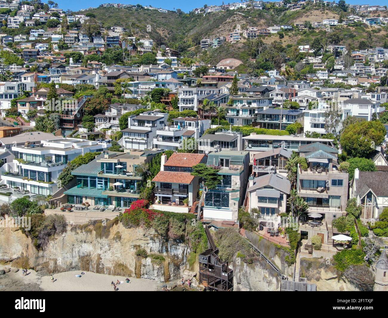 Aerial view of Laguna Beach coastline town wealthy villas on the cliff ...