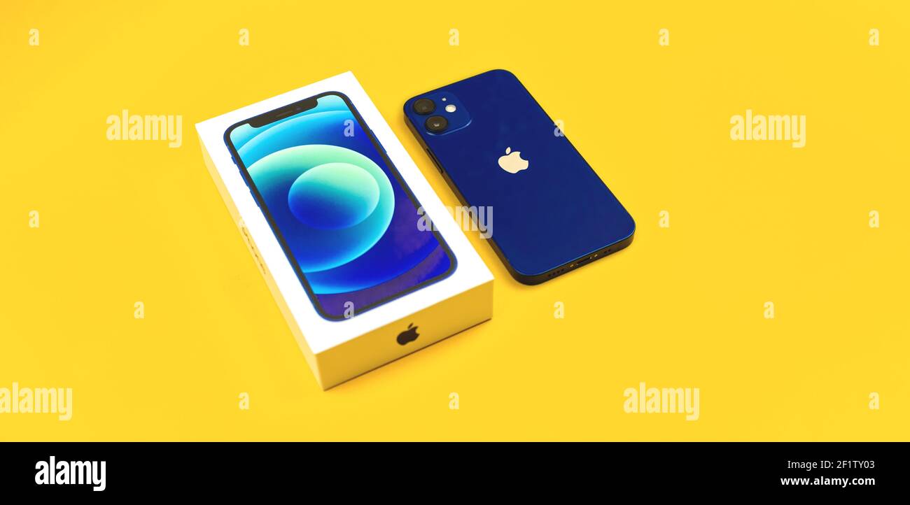 Kharkov Ukraine March 8 21 Apple Iphone 12 Mini With Retail Box Blue Color On Yellow Background Banner Photo Stock Photo Alamy Kharkov Ukraine March 8 21 Apple Iphone 12 Mini With Retail Box Blue Color On Yellow Background Banner Photo Stock Photo Alamy
