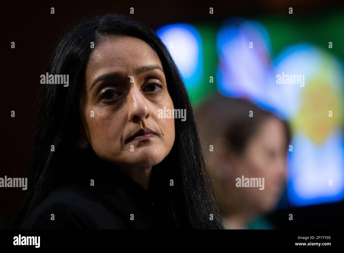 Washington, USA. 09th Mar, 2021. Nominee for Associate Attorney General Vanita Gupta testifies during a confirmation hearing in the Senate Judiciary Committee, at the U.S. Capitol, in Washington, DC, on Tuesday, March 9, 2021. The House received the Senate version of the $1.9 trillion COVID relief bill and is expected to pass the bill on Wednesday, as the Senate continues confirming President Biden's Cabinet today. (Graeme Sloan/Sipa USA) Credit: Sipa USA/Alamy Live News Stock Photo