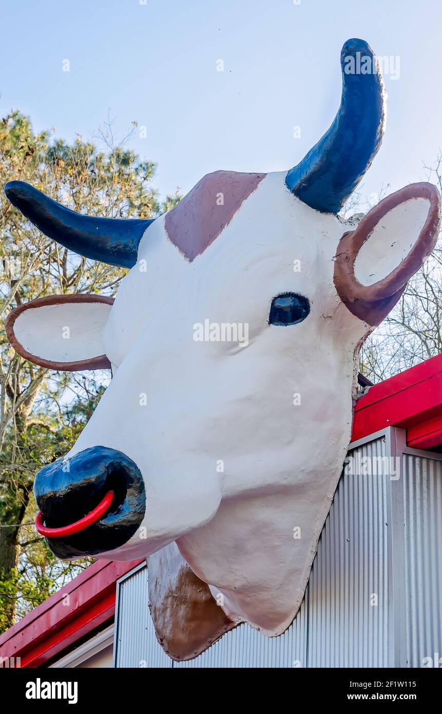 A giant bull head statue is mounted above Bama Bob’s BBQ, March 7, 2021