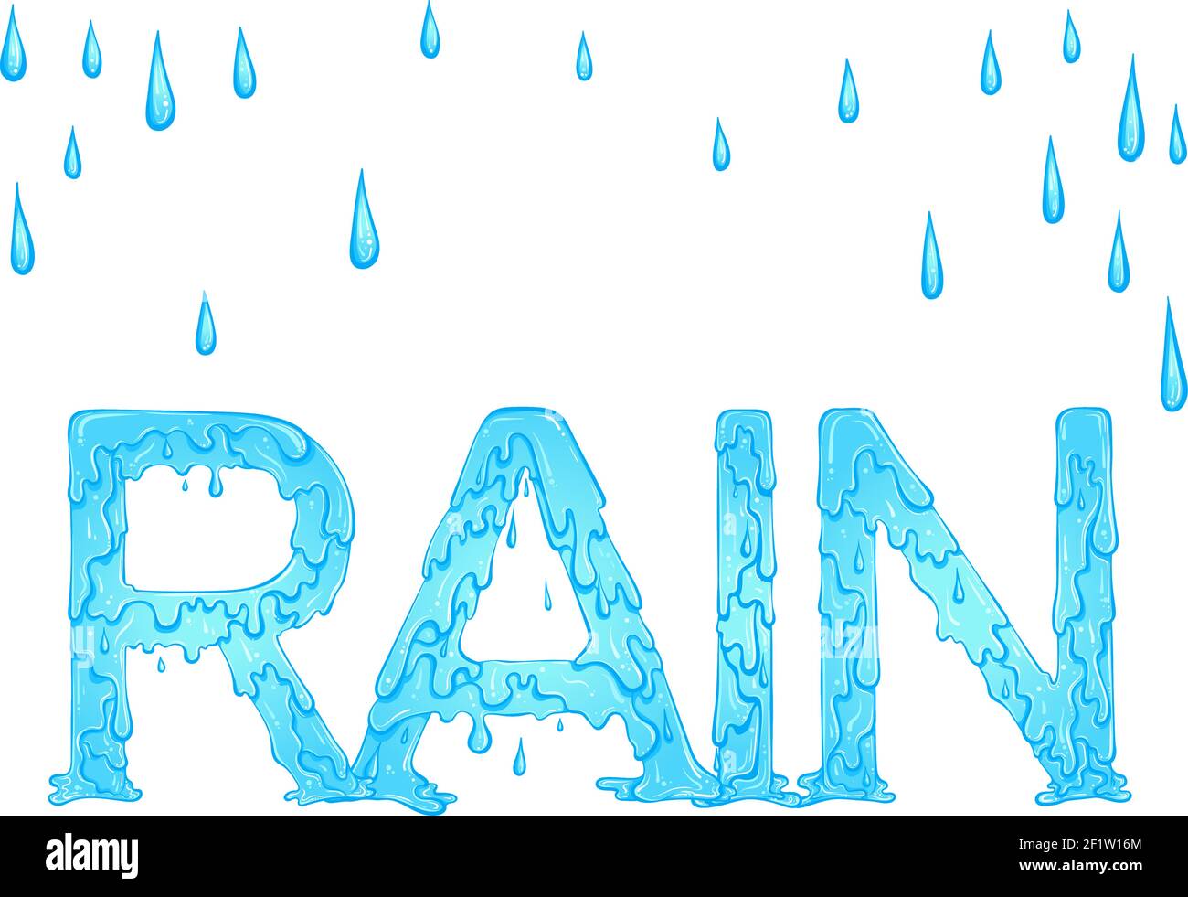 Lettering dripping word Rain blue color with drops. Vector illustration isolated on white background. Font design in hand drawn style. Words for print, banners, posters, books, icon, stickers. Stock Vector