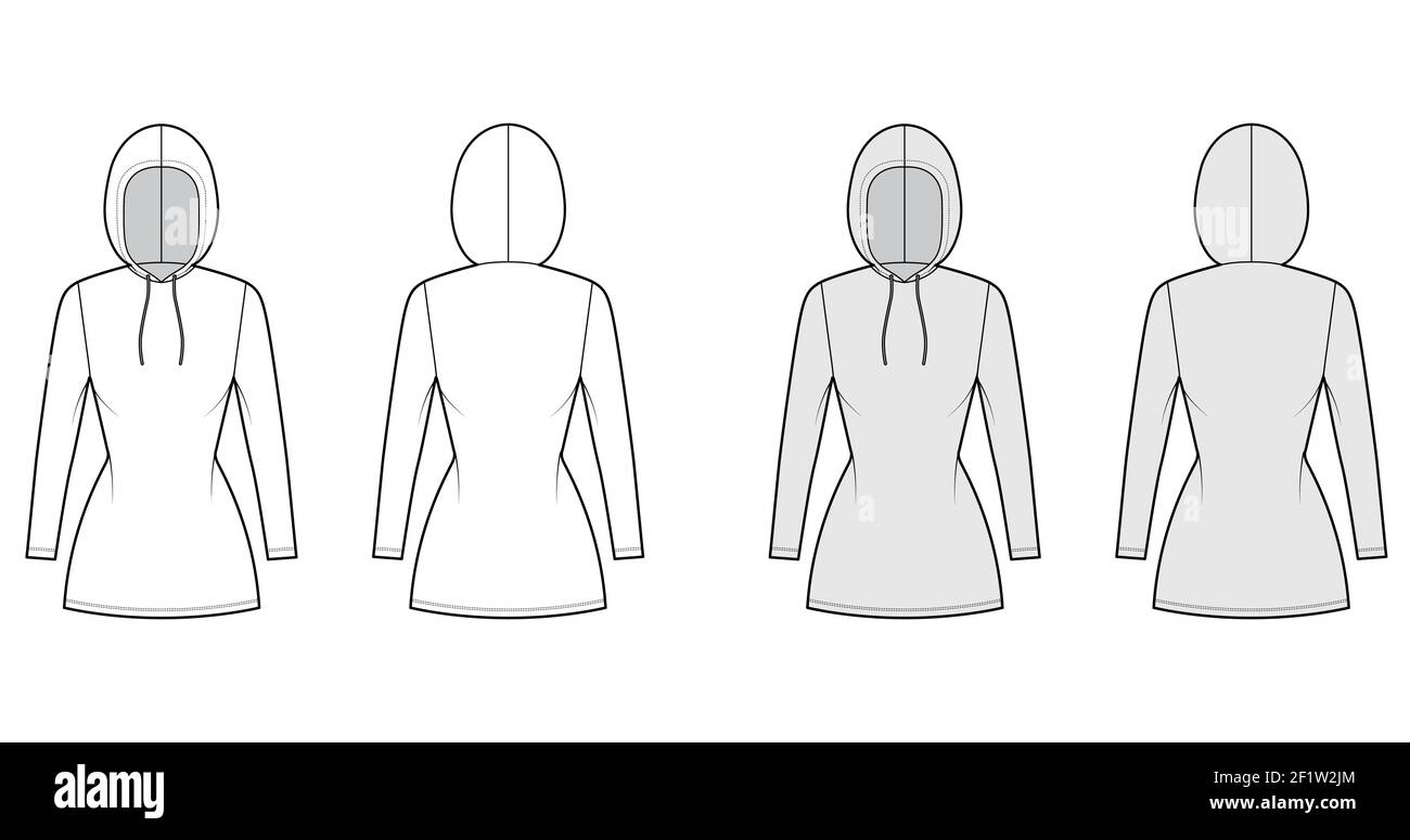 Hoody dress technical fashion illustration with long sleeves, mini length, fitted body, Pencil fullness. Flat apparel sweater template front, back, white, grey color style. Women men unisex CAD mockup Stock Vector