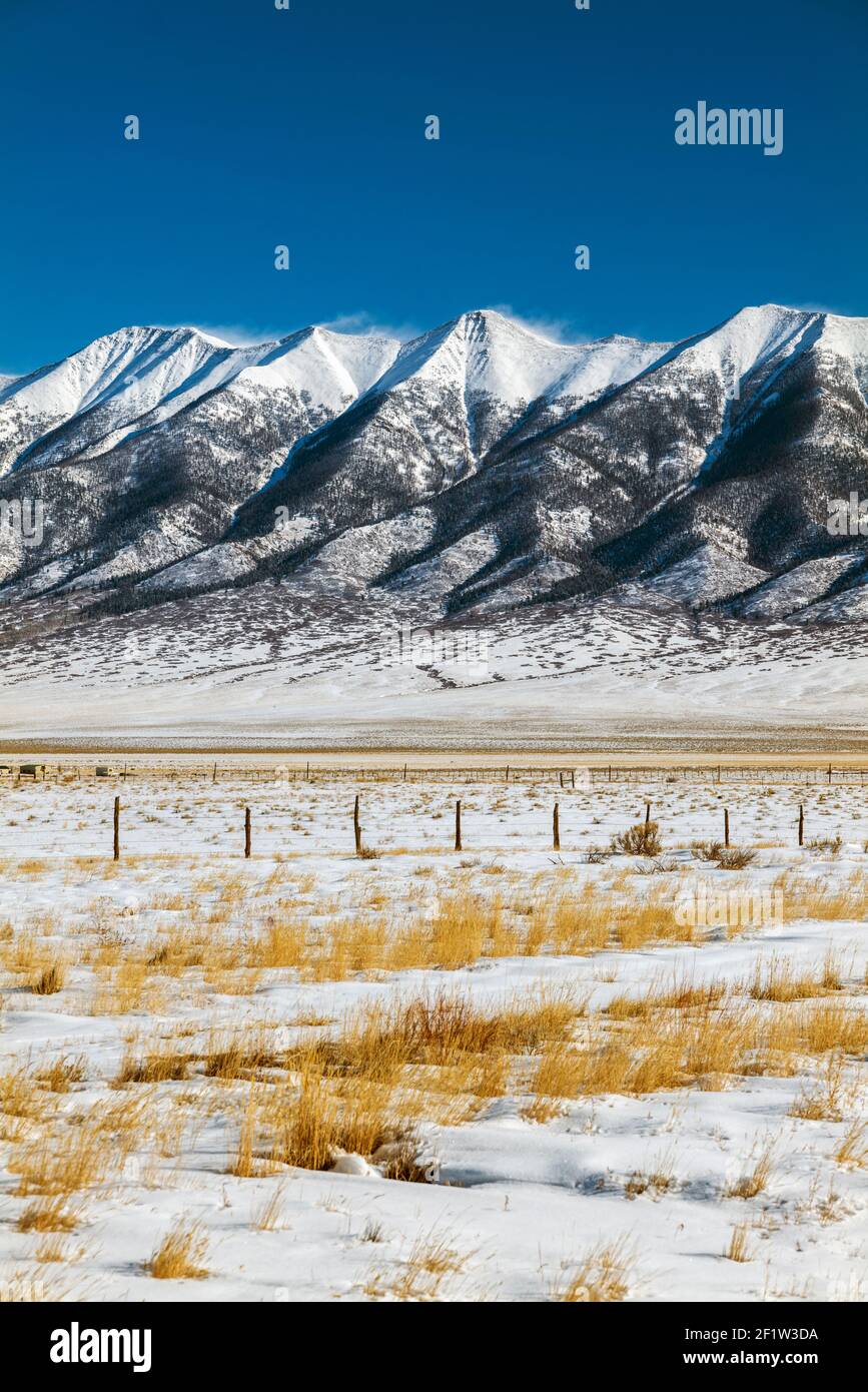 Snow covered Sangre de Cristo mountain range; San Luis Valley; central