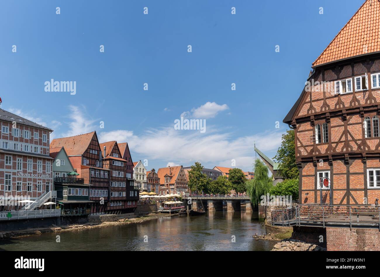 View of the river and the historic old city center of Luneburg in northern Germany Stock Photo