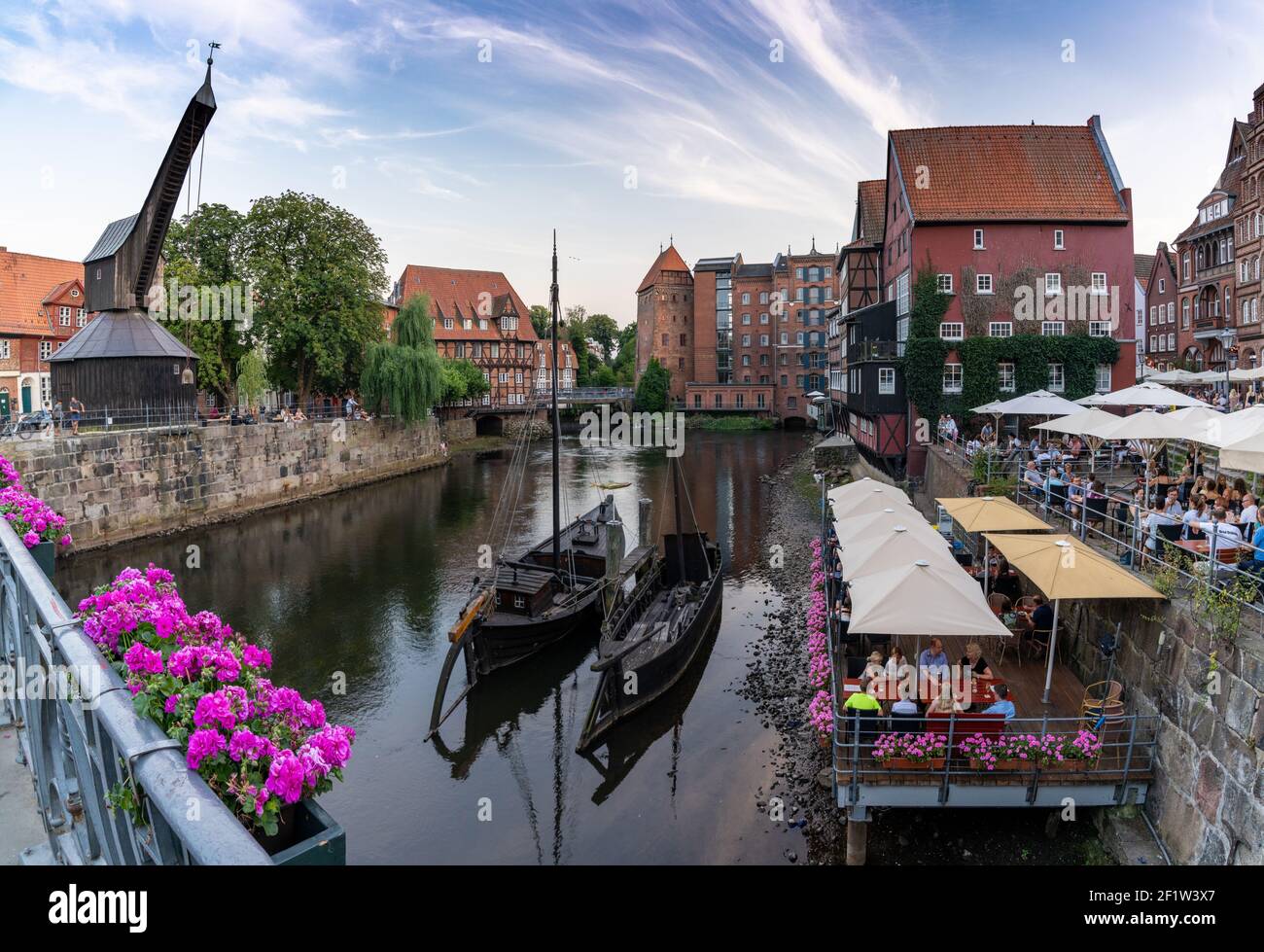 View of the river and the historic old city center of Luneburg in northern Germany Stock Photo