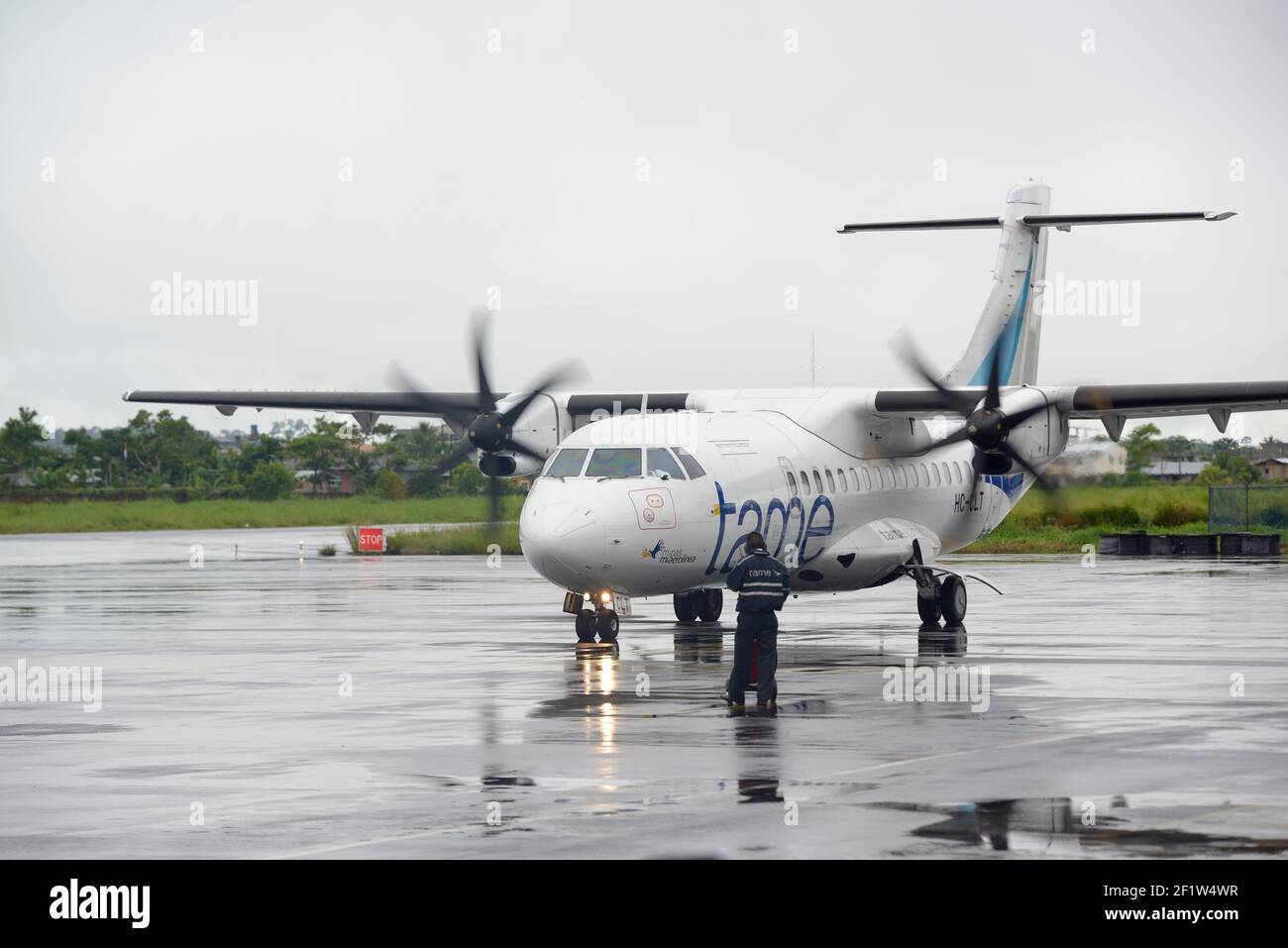 Tame airplane arriving at Francisco de Orellana Airport, Coca, Orellana, Ecuador Stock Photo