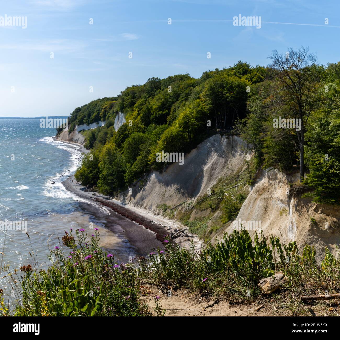 A view of the beautiful lime and chalkstone cliffs in Jasmund National Park on Ruegen Island in Germ Stock Photo