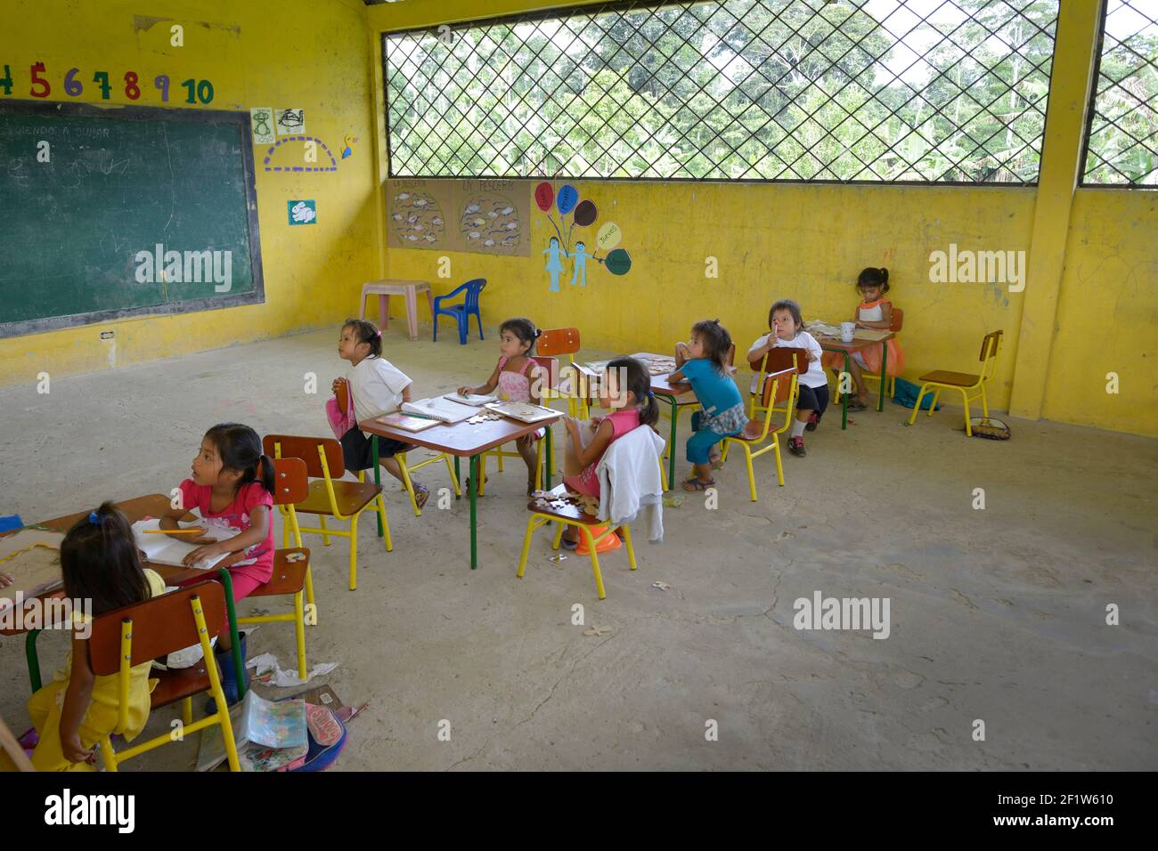 School children in the Kichwa community of Sani Isla in the Ecuadorean Amazon Stock Photo