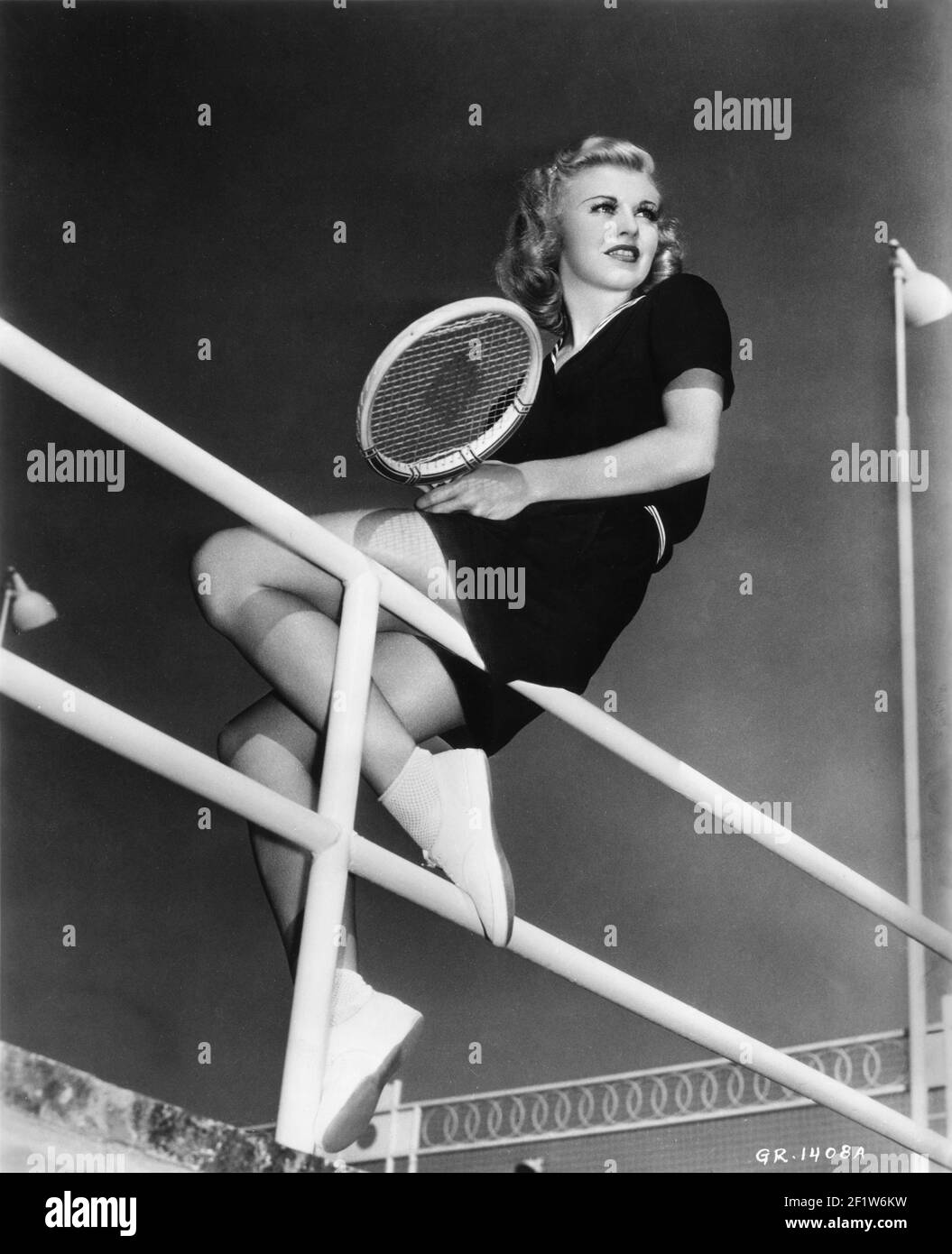 GINGER ROGERS 1937 Candid Portrait in Tennis Outfit with Tennis Racket