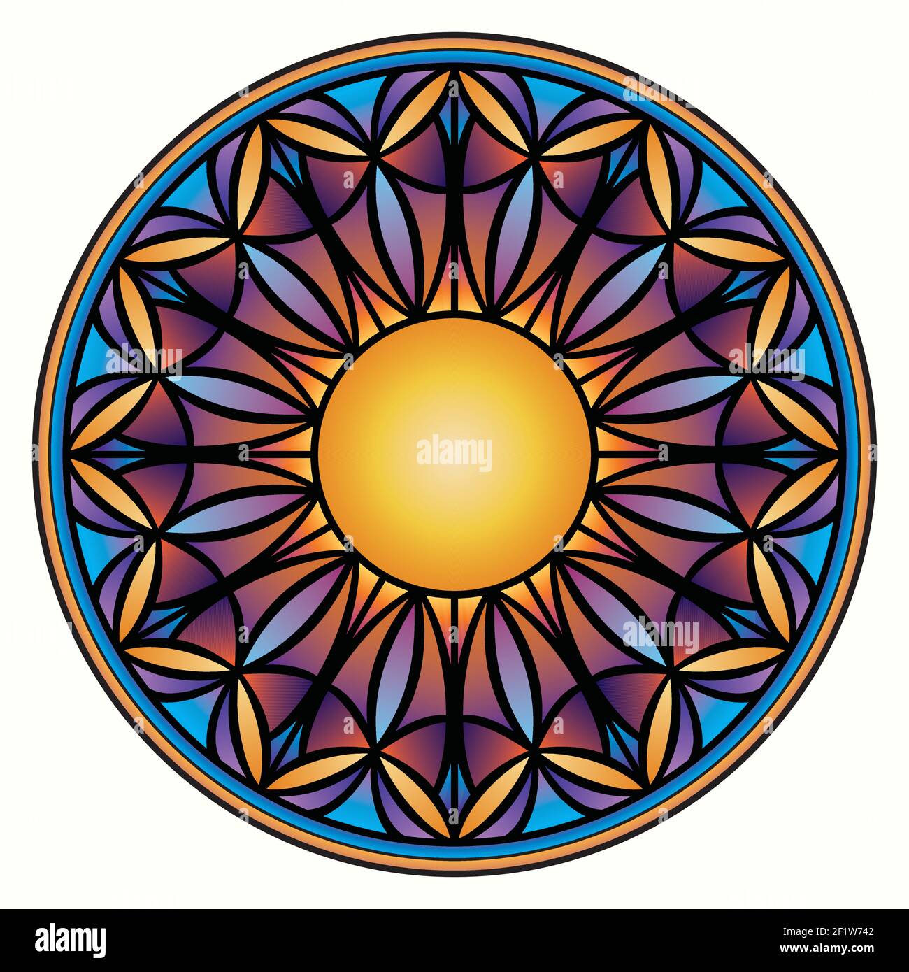 Vector geometric solar stained glass mandala. Window in a Catholic
