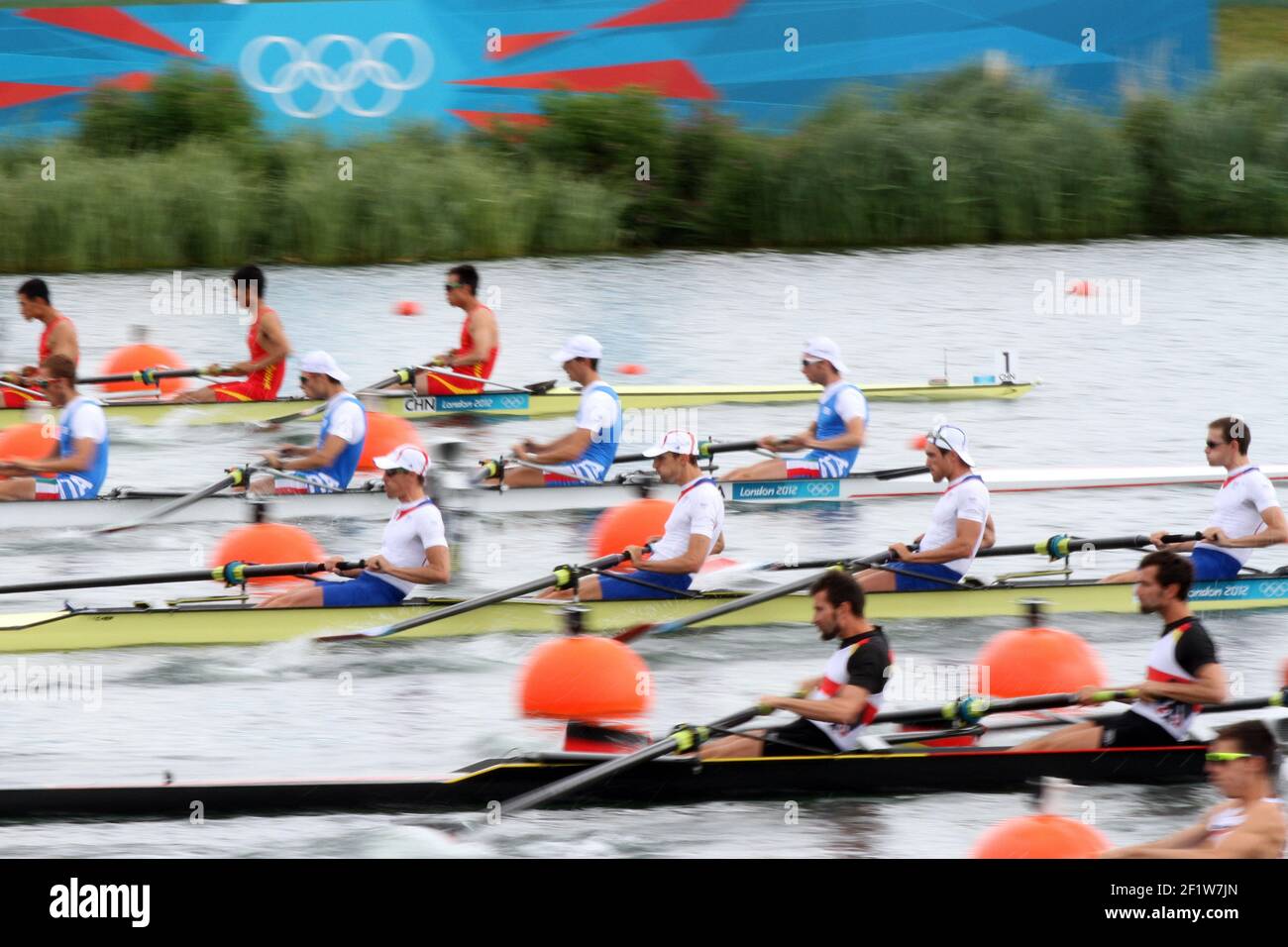 LONDON OLYMPIC GAMES 2012 - ETON DORNEY ROWING CENTRE , LONDON (ENG) - 02/08/2012 - PHOTO : EDDY LEMAISTRE / KMSP / DPPIROWING - LM4- - FINAL B - FABRICE MOREAU, NICOLAS MOUTTON, FRANCK SOLFOROSI, THOMAS BAROUKH (FRA) Stock Photo