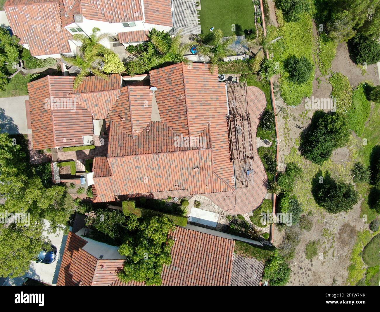 Aerial top view of middle class residential house, South California Stock Photo