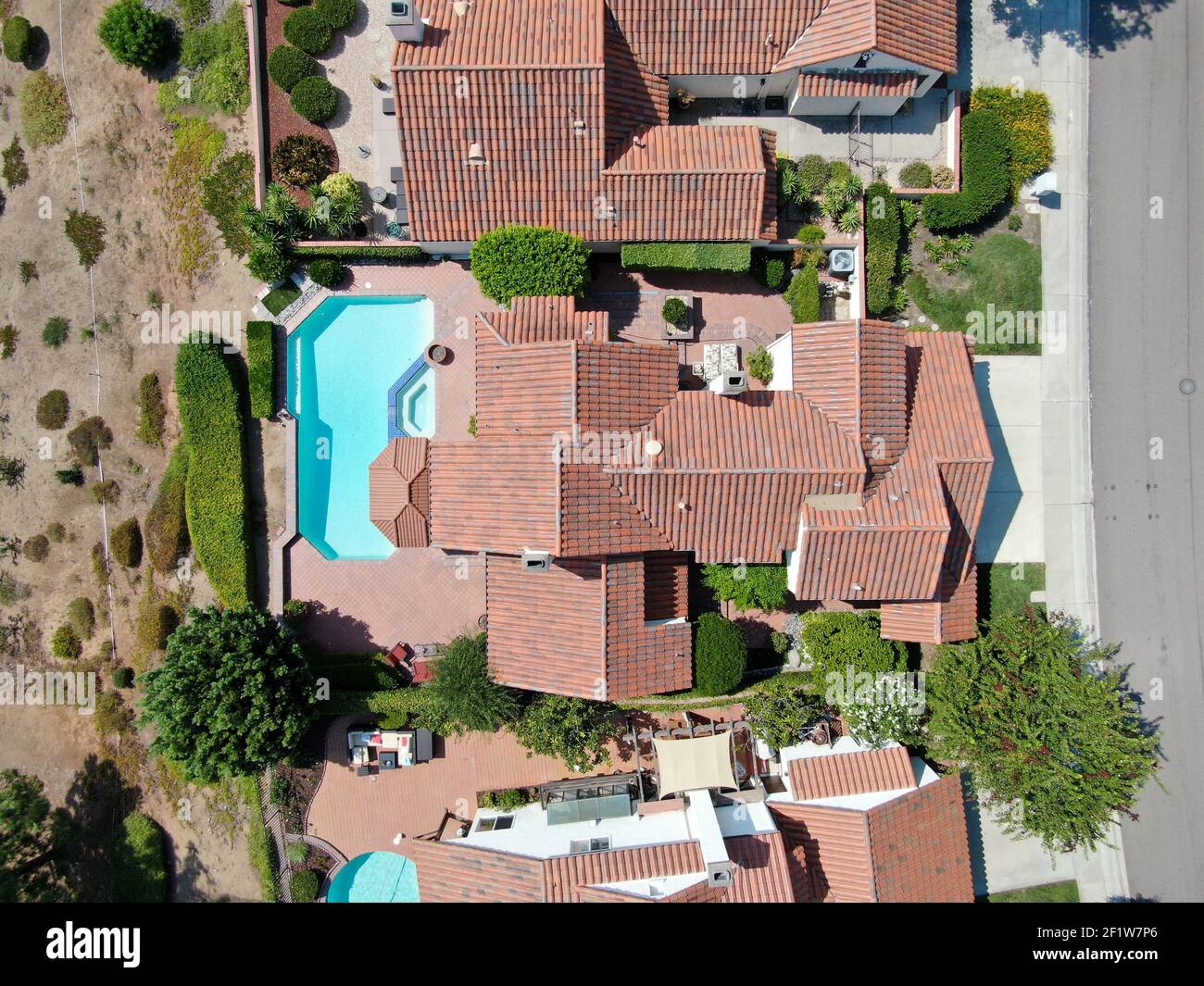 Aerial top view of middle class residential house, South California