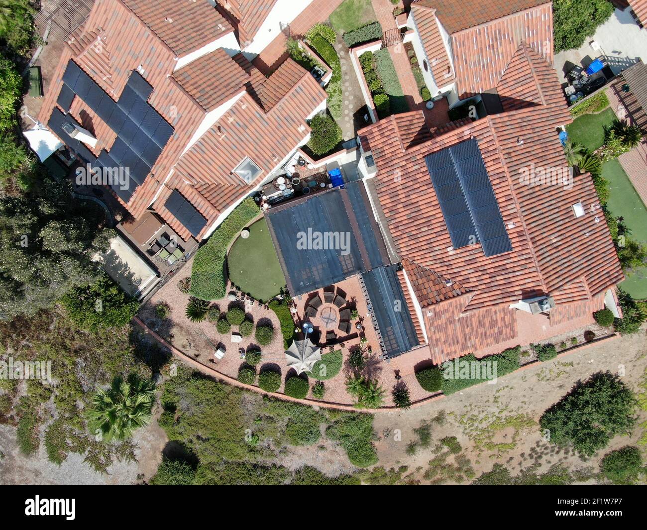 Aerial top view of middle class residential house, South California Stock Photo