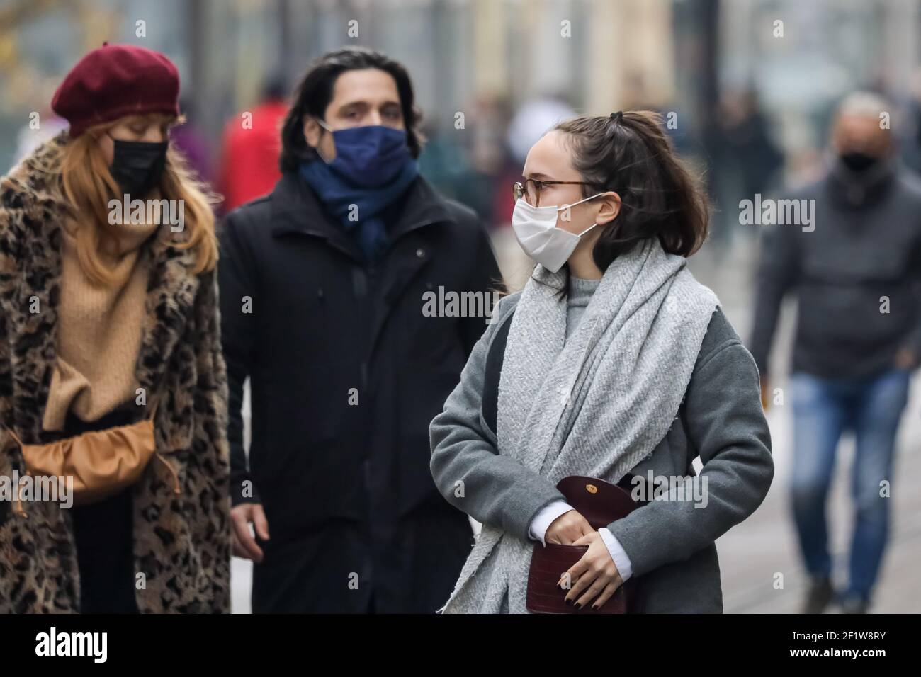 People on the Ilica streets in Zagreb are wearing medical masks because of the Coron Virus pandemic. Stock Photo