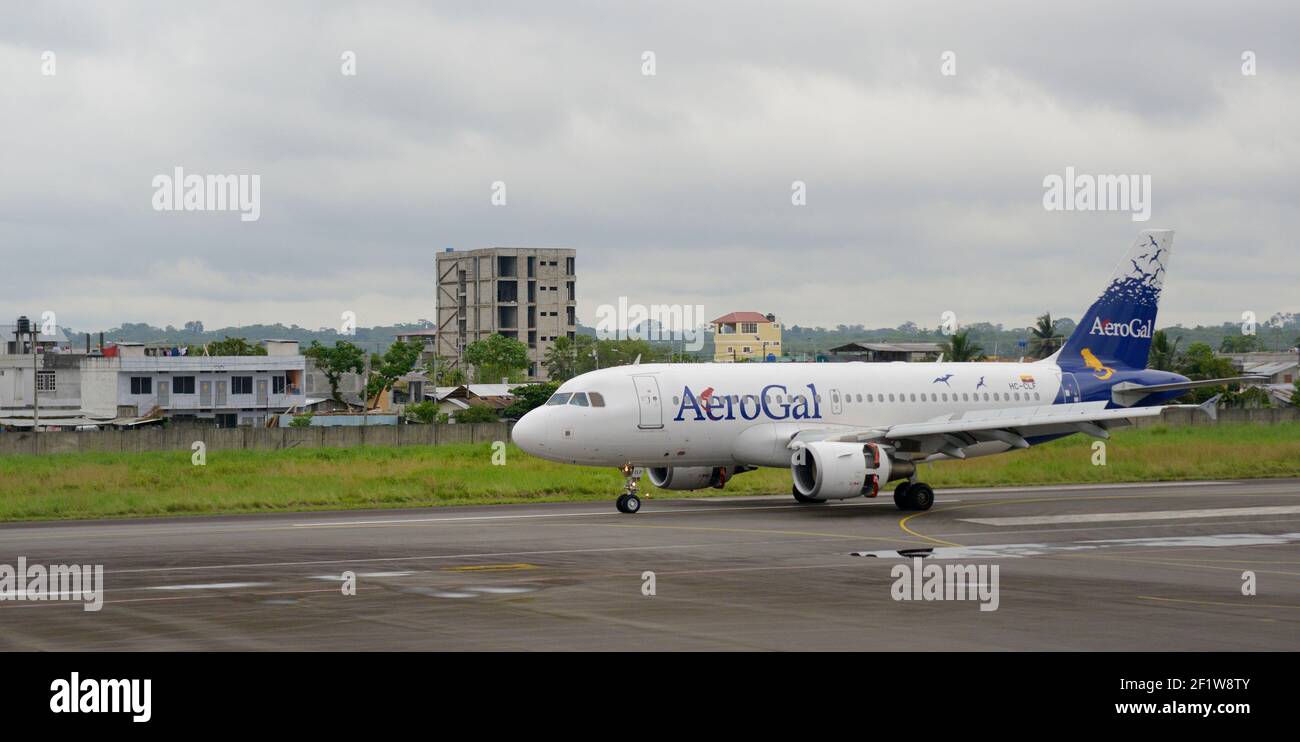 AeroGal Airbus A319 landing at Coca Airport, Orellana, Ecuador Stock Photo